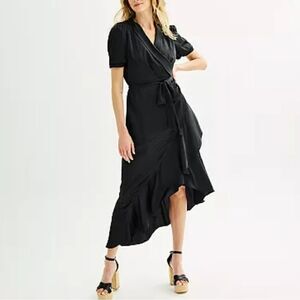 Nine West Black Asymmetrical Wrap Midi Dress Size Small